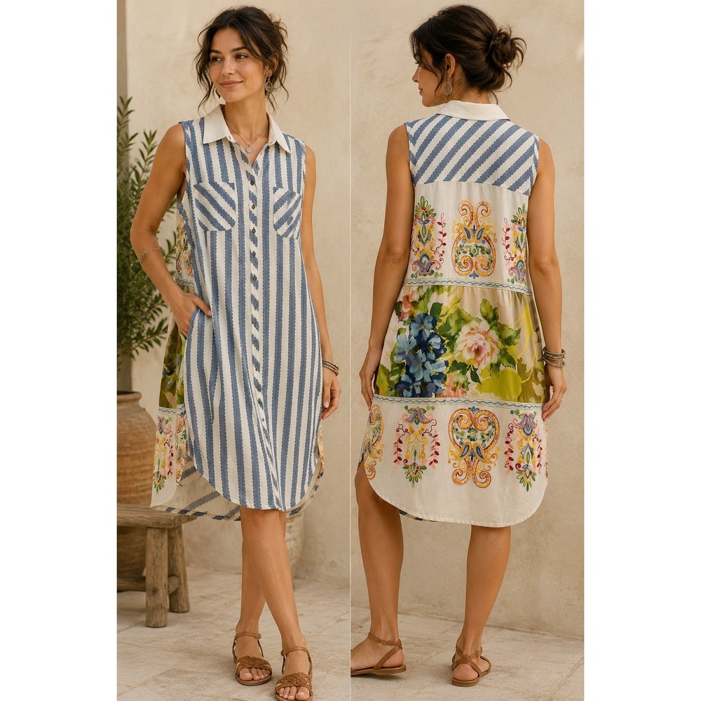 Cyrena L Linen Blend Embroidered Floral Stripe Button Front Tunic Dress Boho‎